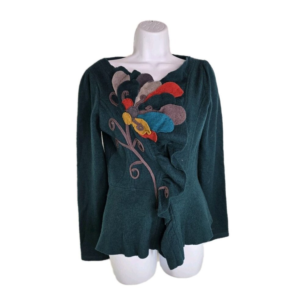 Sleeping on Snow Anthropologie Green Felted Wool Peplum Cardigan Jacket - Picture 3 of 12
